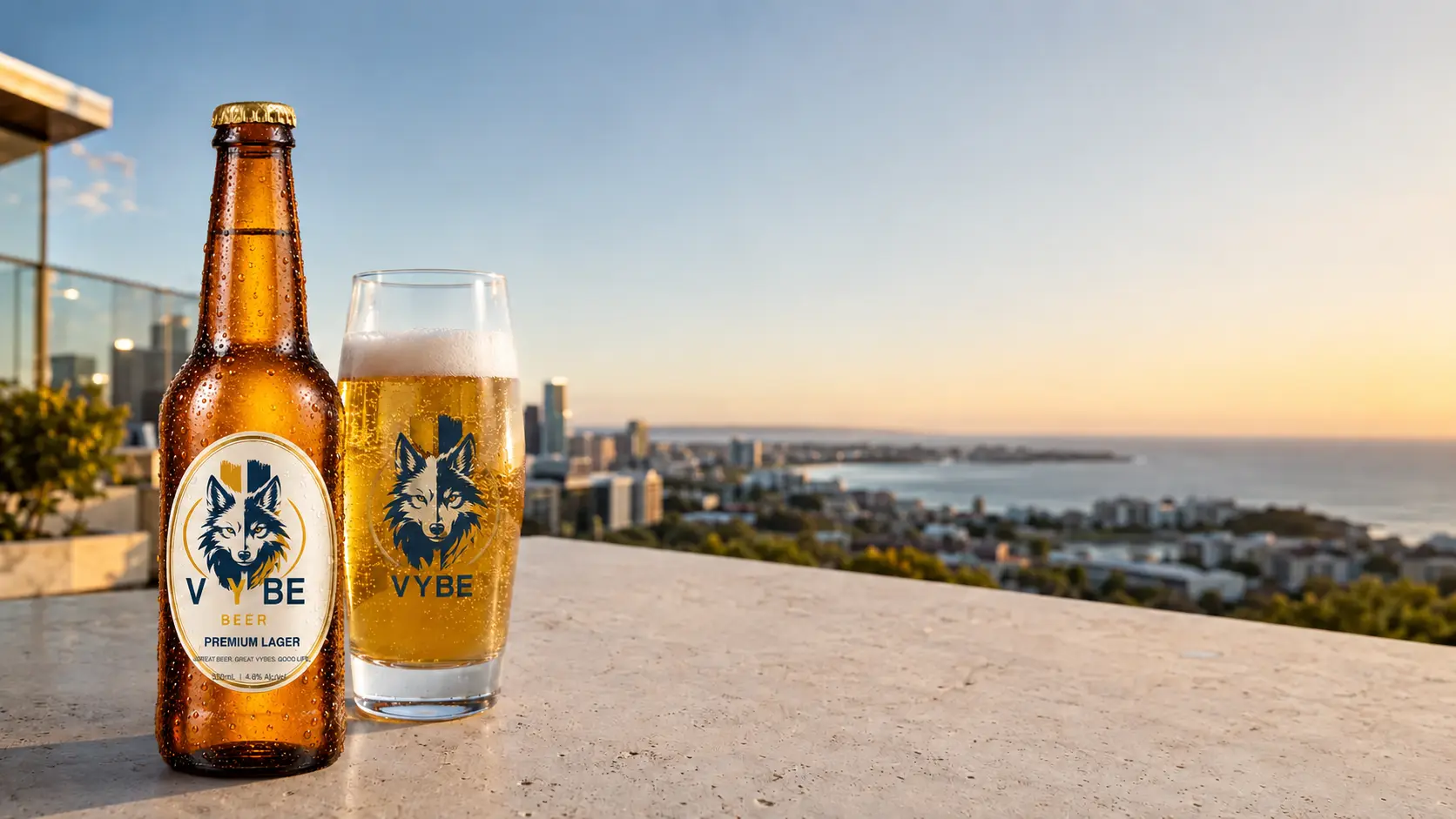 VYBE Premium Lager and branded glass on a bright Australian coastal city rooftop