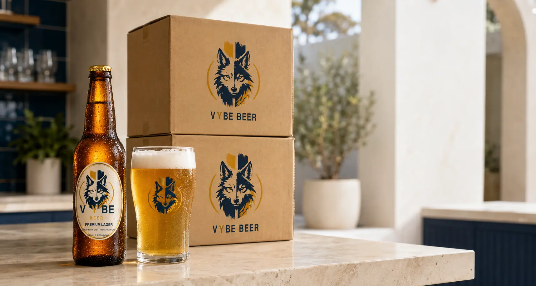 VYBE Premium Lager bottle, branded beer glass and VYBE Beer stock cartons