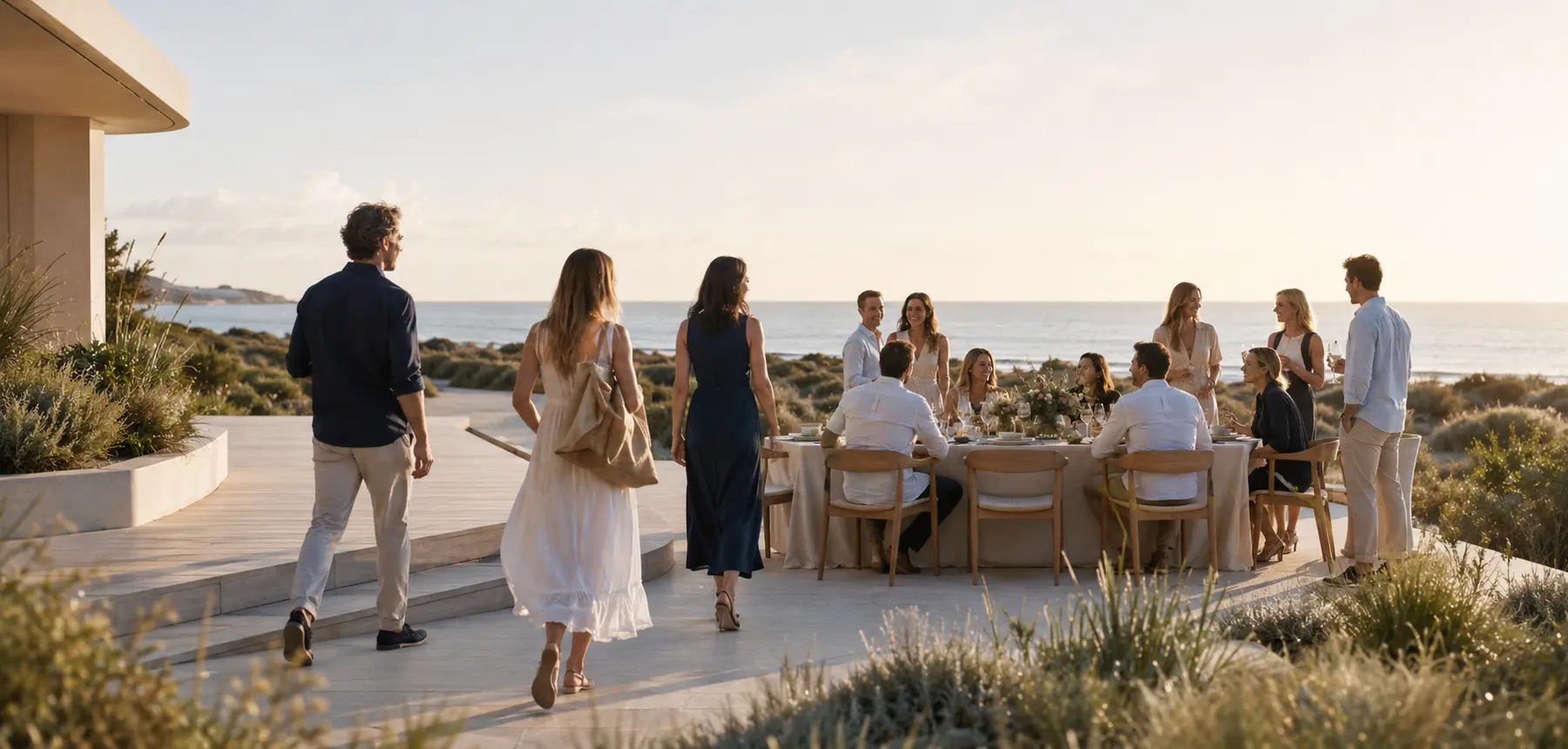 Adults gathering around an elegant table beside the Australian coast
